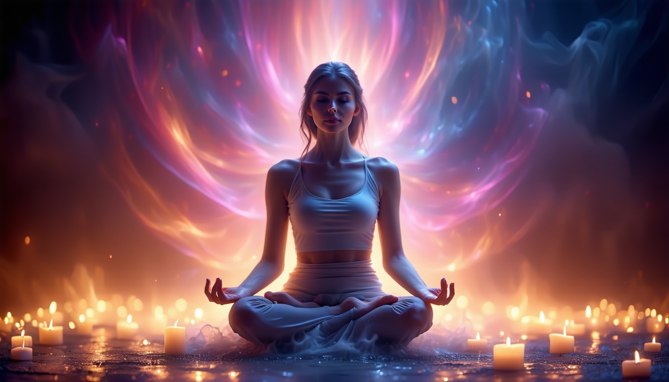 A serene figure meditating, surrounded by a gentle, glowing aura.