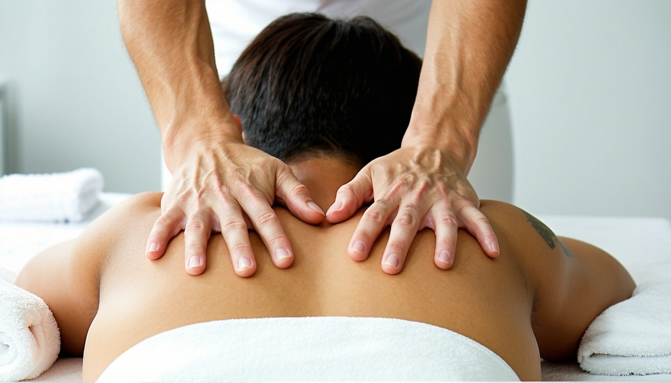 Hands gently hovering over a person’s back during a healing session.